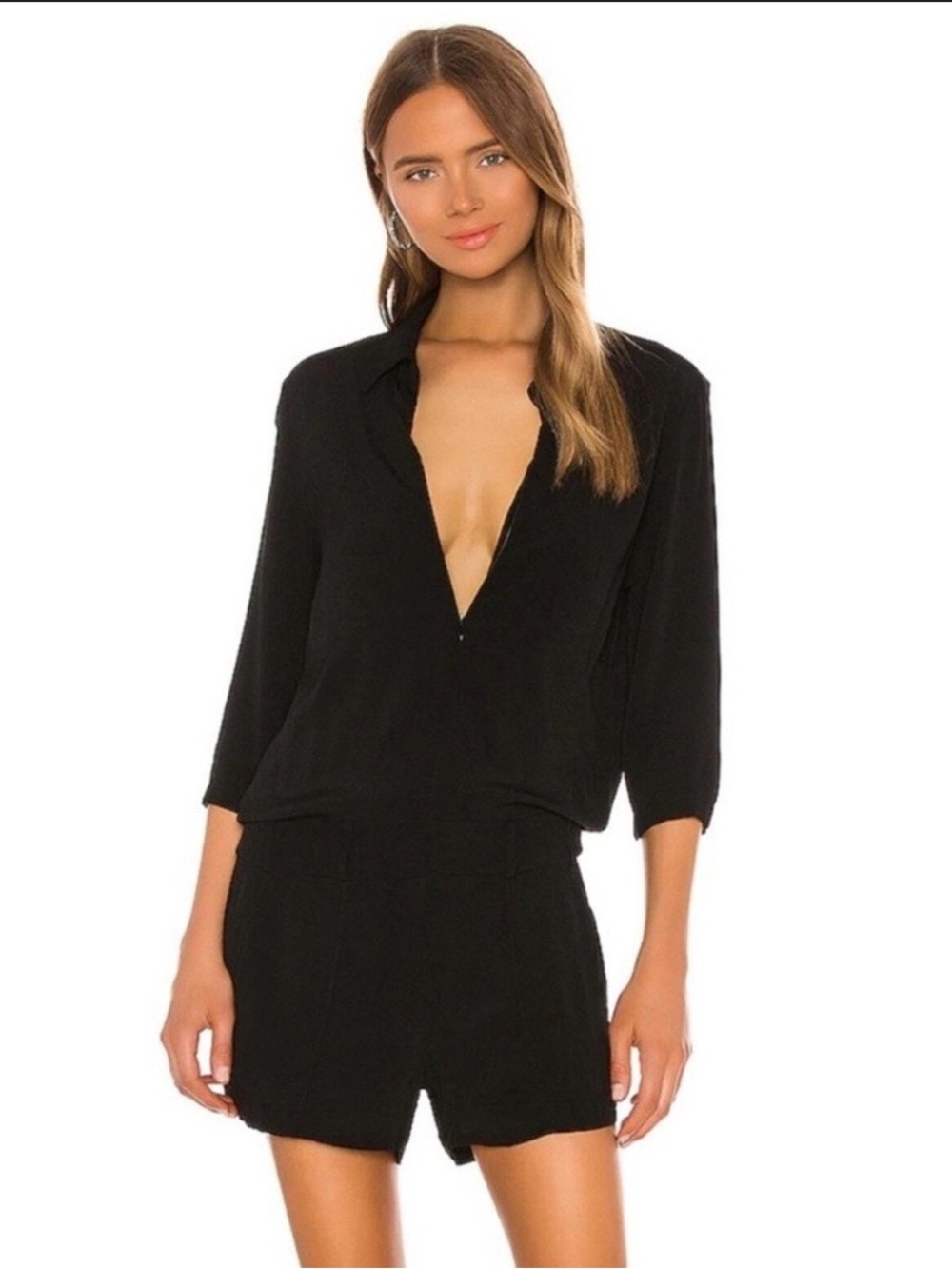 Monrow Black Zip-Front Short Sleeve Romper